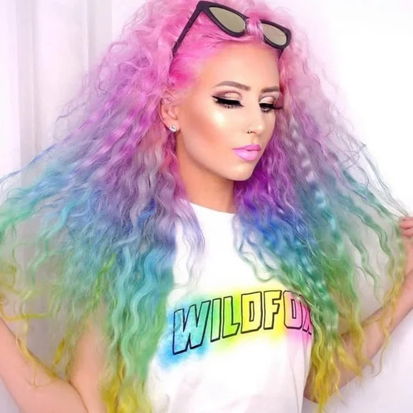 ✨28” RAINBOW UNICORN LOOSE WAVY LACE FRONT WIG NWT Wavy Lace Front Wig, Ombre Rainbow Wig, Glory Tress, Pink  main image 4